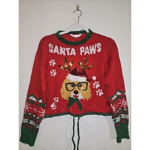 No Boundaries Juniors Medium Christmas Santa Paws Dog Red Crop Ugly Sweater